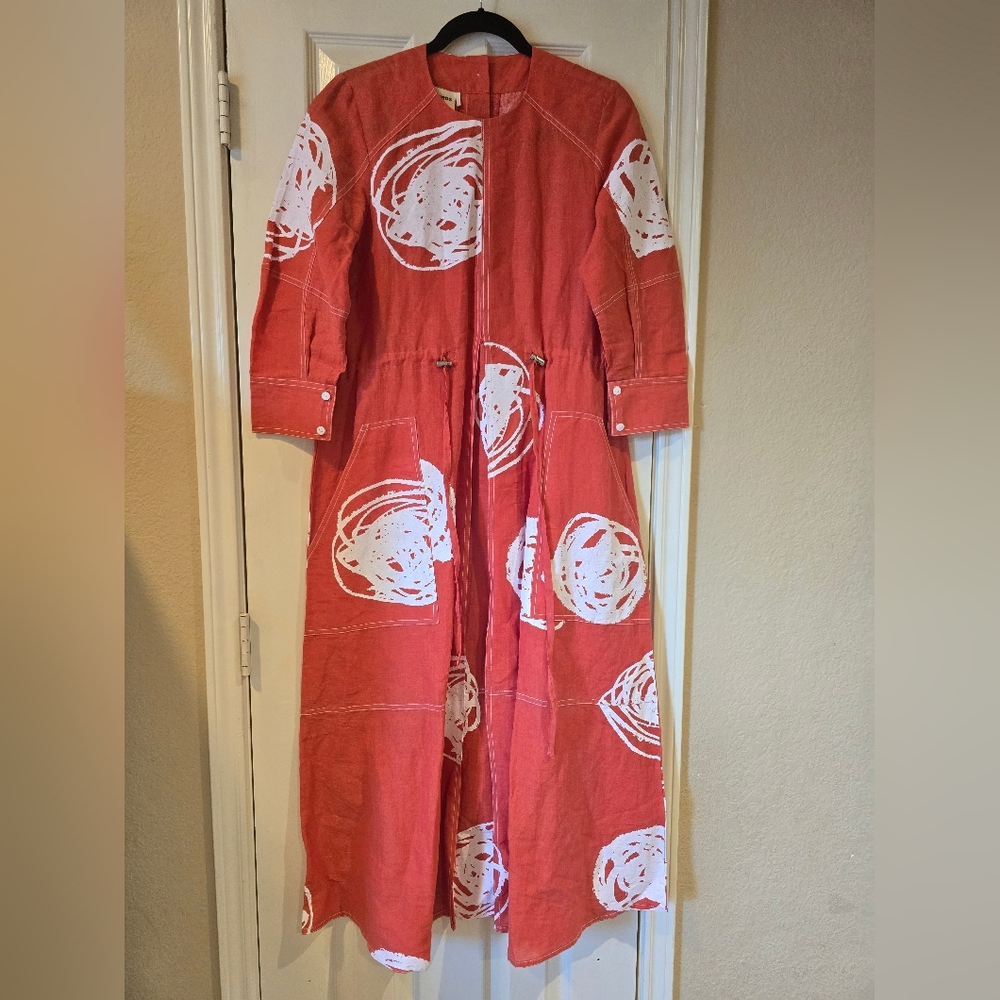 Lovebirds Linen/cotton Blend Orange And White Abstract Midi Dress XS